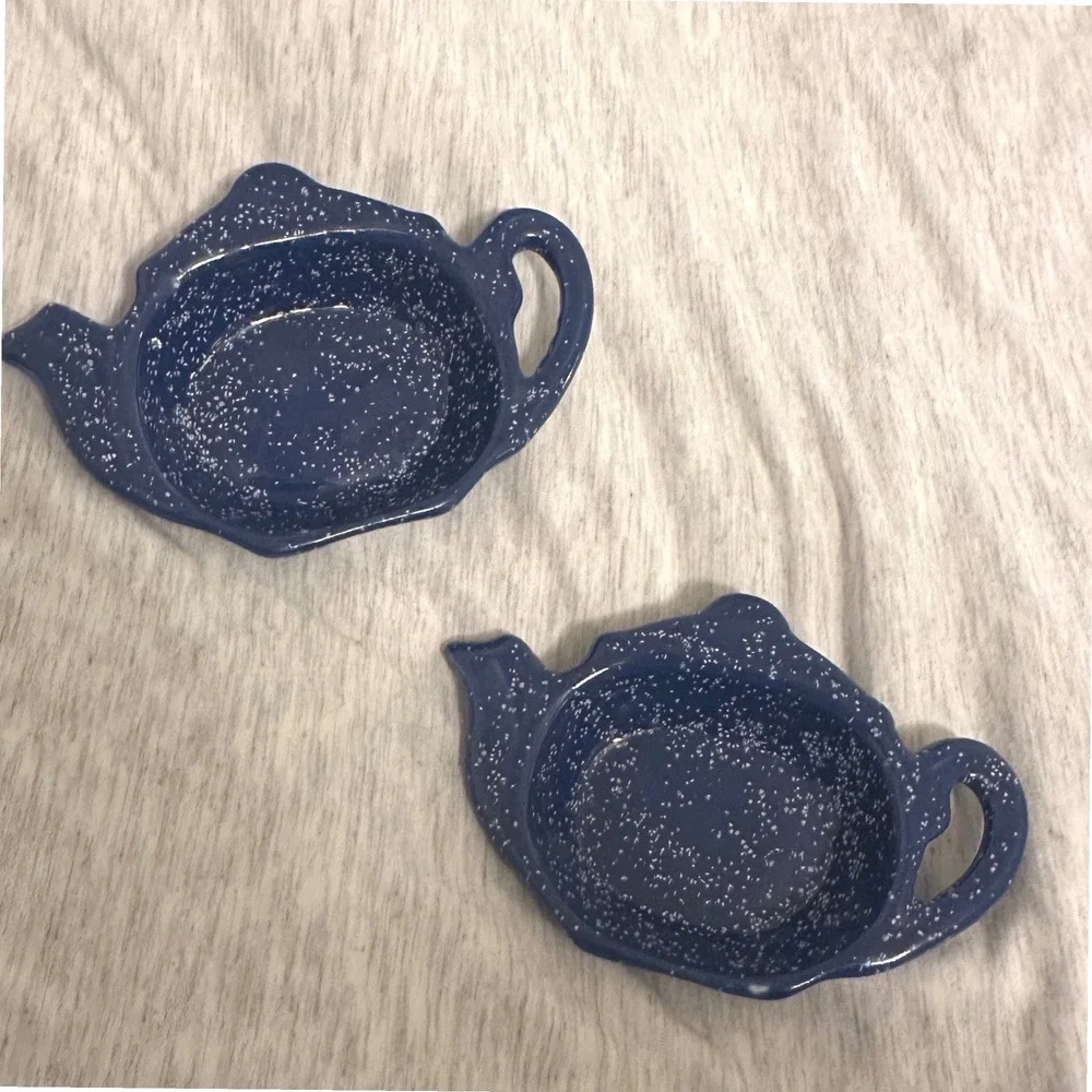 Vintage Tea Bag Rest Set 2‎ Blue Excellent Speckle Teapot  Shape Cottage Retro